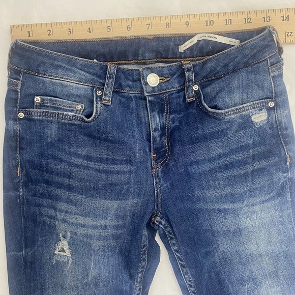 Zara Women's Size 4 Mid Rise Skinny Fit Blue Stretch Distressed Denim Jeans - Picture 6 of 8